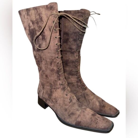 Flavio Zanasca Brown Suede Leather Lace Up Heeled Italian Designer Boots 8.5 - Picture 1 of 11